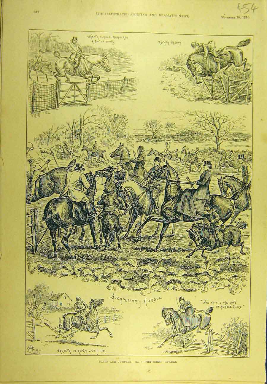 Original Old Antique Print 1894 Jumps Jumpers Sheep-Hurdle Hunting Hunters 19th