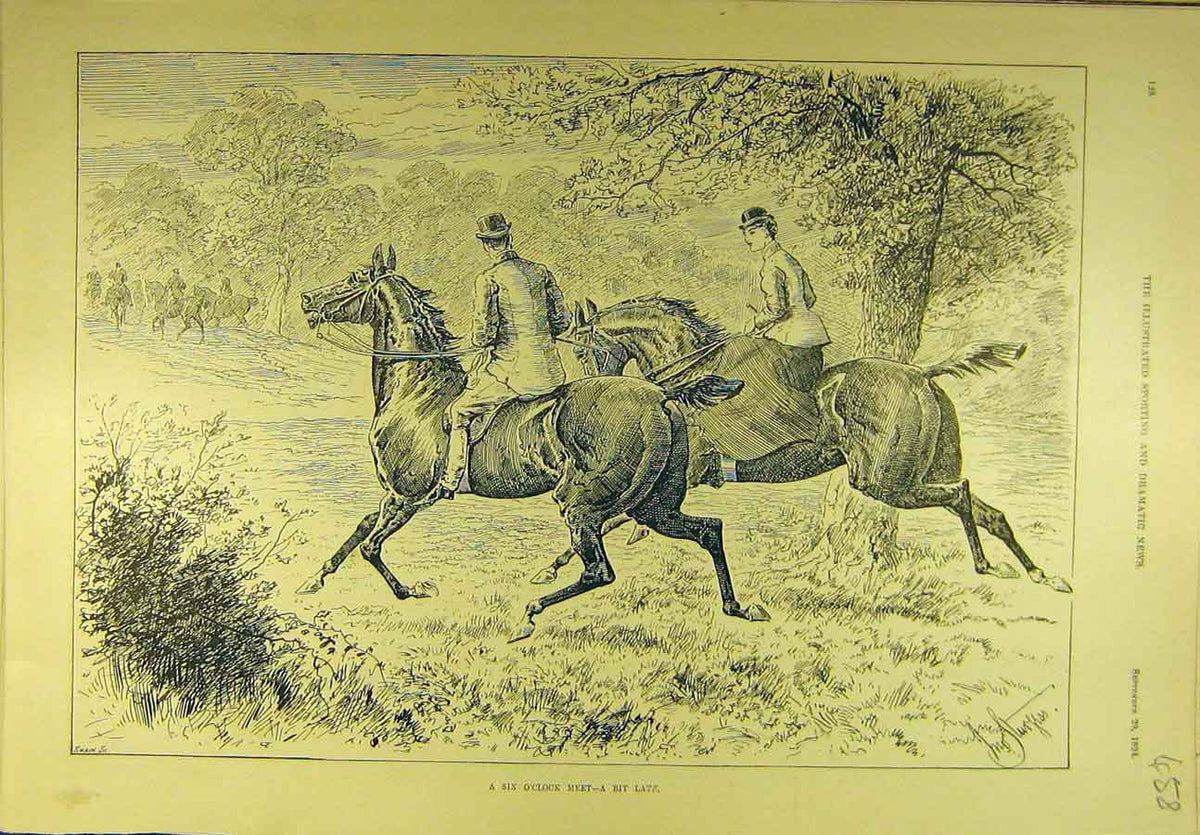 Original Old Antique Print 1894 Six-O'Clock Meet Hunting Hunters Sport Victorian