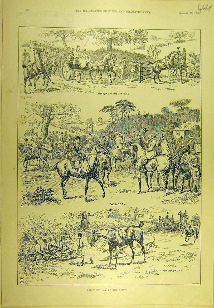 Original Old Antique Print 1895 First-Day Season Hunting Hunters Meet Hounds