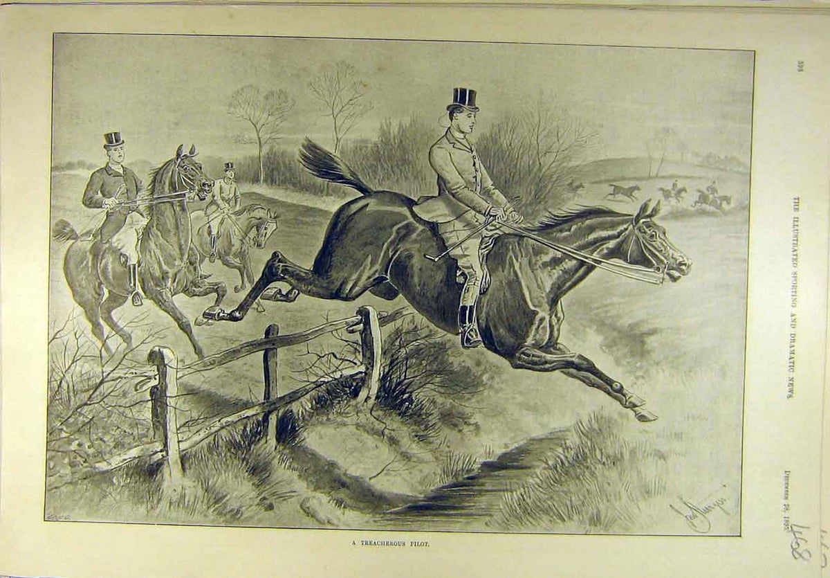 Original Old Antique Print 1895 Treacherous Pilot Hunter Rider Horse Hunting