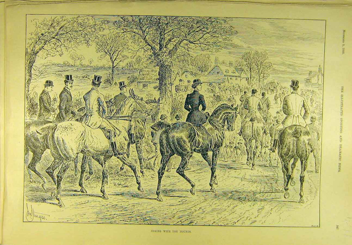 Original Old Antique Print 1895 Hounds Hunting Meet Horses Riders Hunters 19th