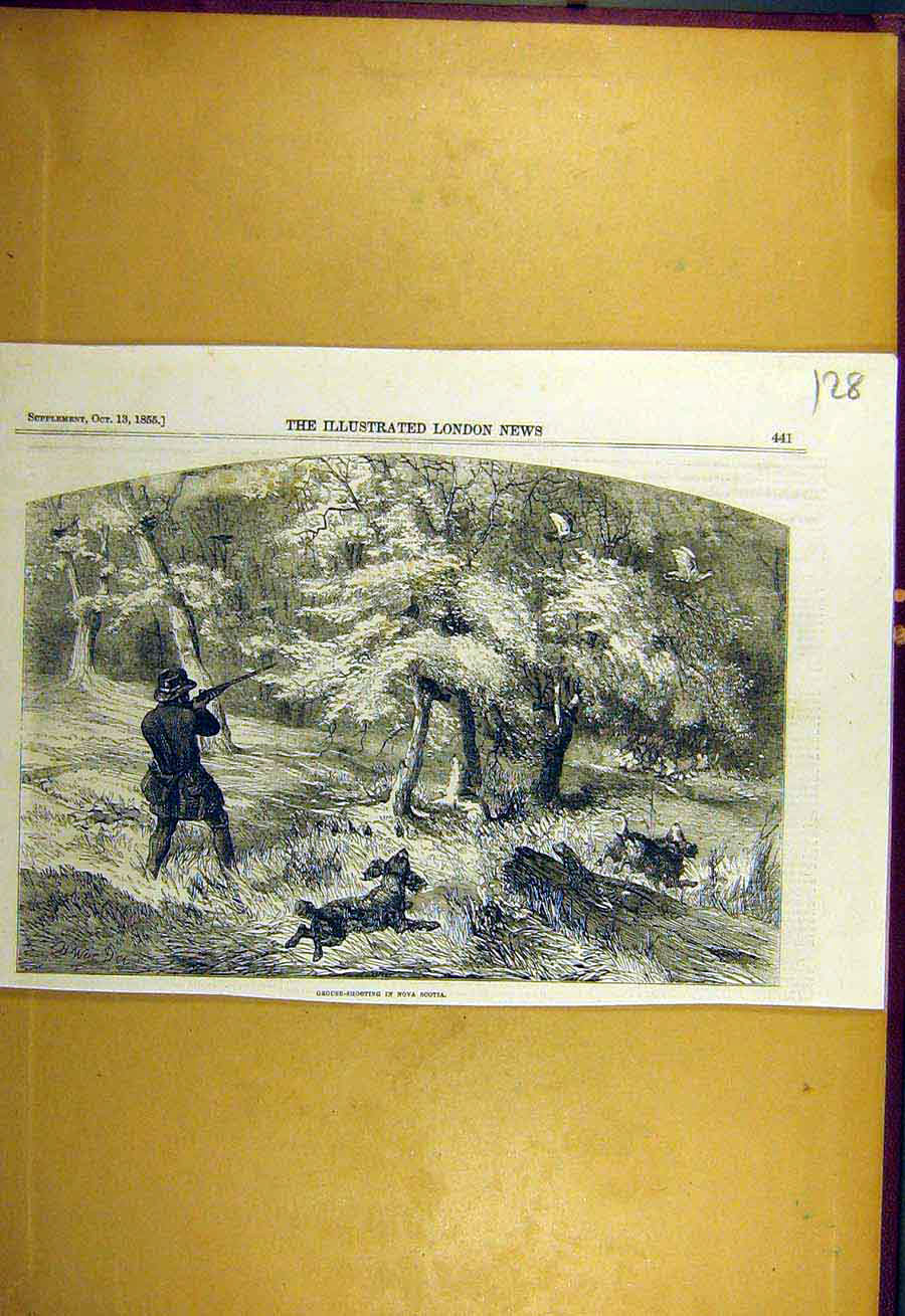 Original Old Antique Print 1855 Grouse-Shooting Nova-Scotia Sport 19th