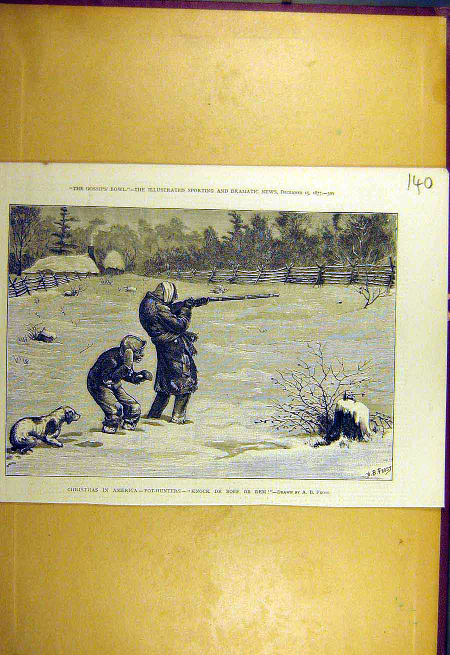 Original Old Antique Print 1877 Christmas America Pot-Hunters Frost Fine Art