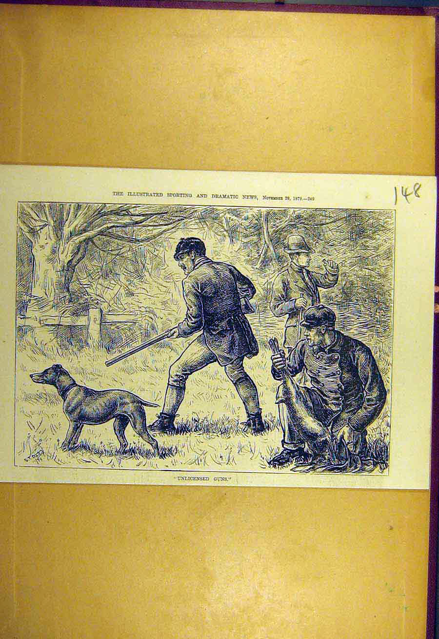 Original Old Antique Print 1879 Unlicensed Guns Shooting Men Poachers Sport 19th
