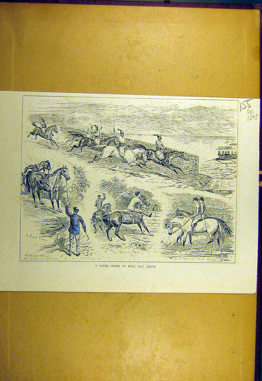 Original Old Antique Print 1893 Paper Chase Suda-Bay Crete Sketches Horse Riders