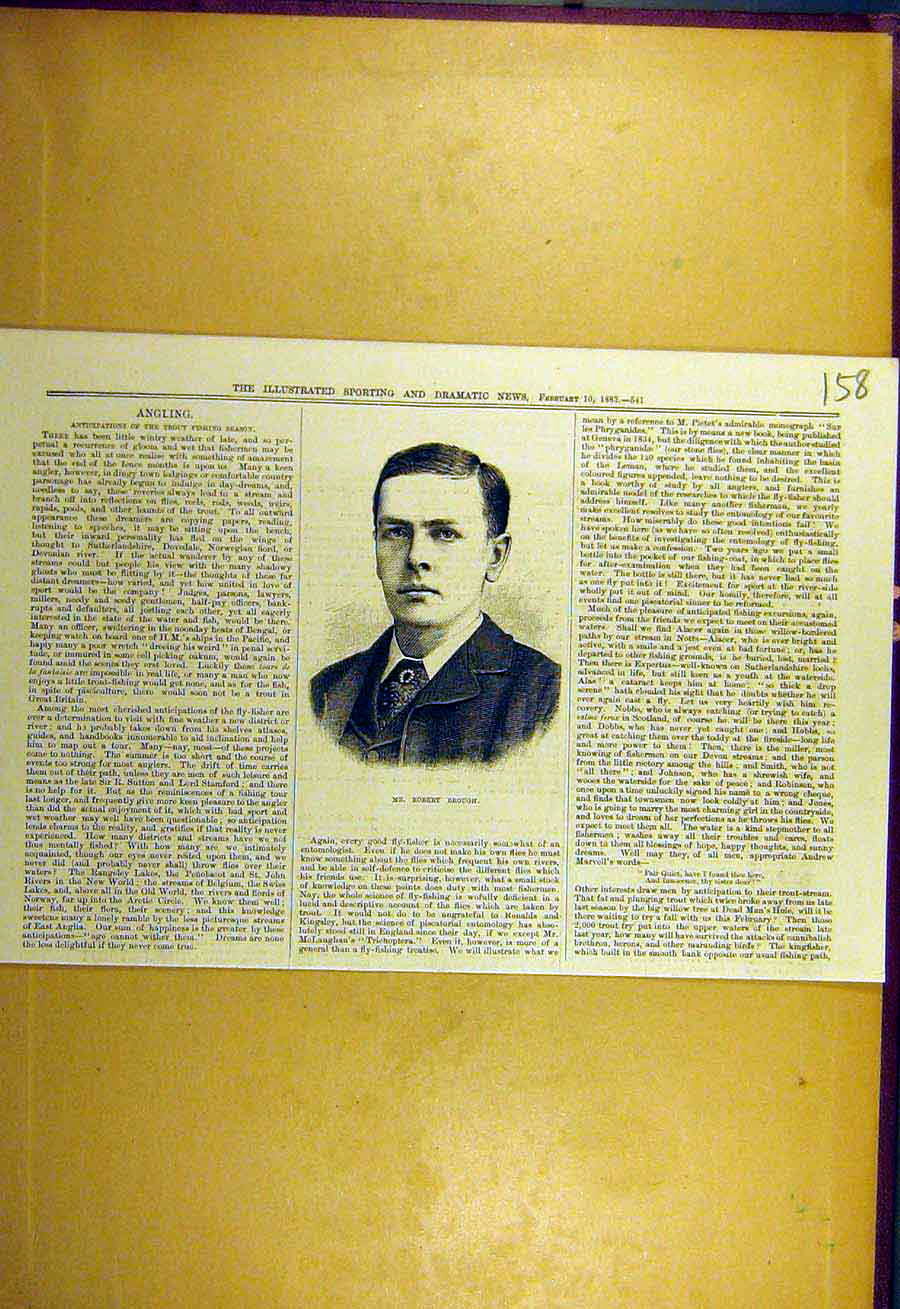 Original Old Antique Print 1883 Portrait Robert-Brough Angling Fishing Victorian