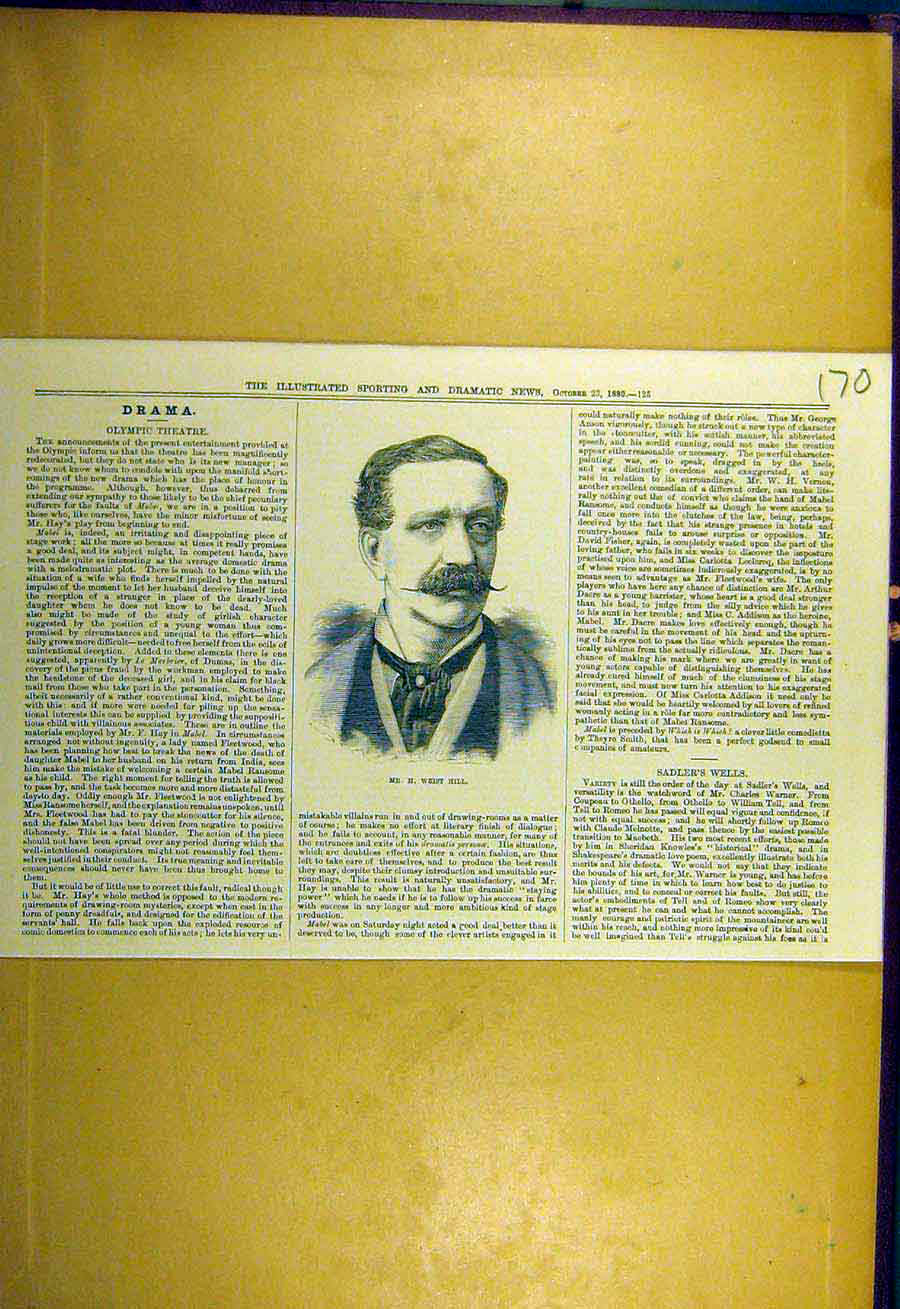 Original Old Antique Print 1880 Portrait Weist-Hill Theatre 19th