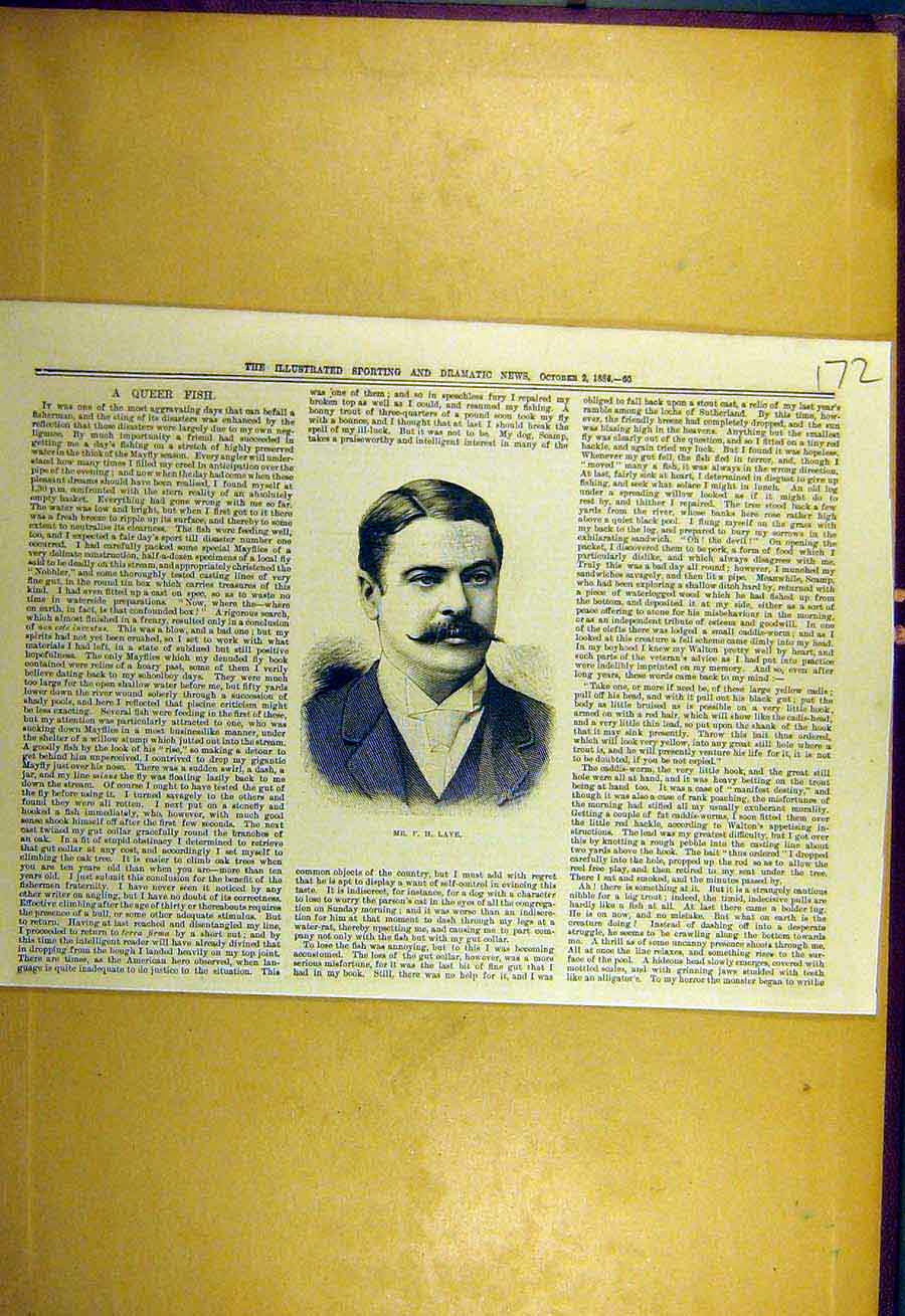 Original Old Antique Print 1886 Portrait Laye Angler Sporting Dramatic News 19th