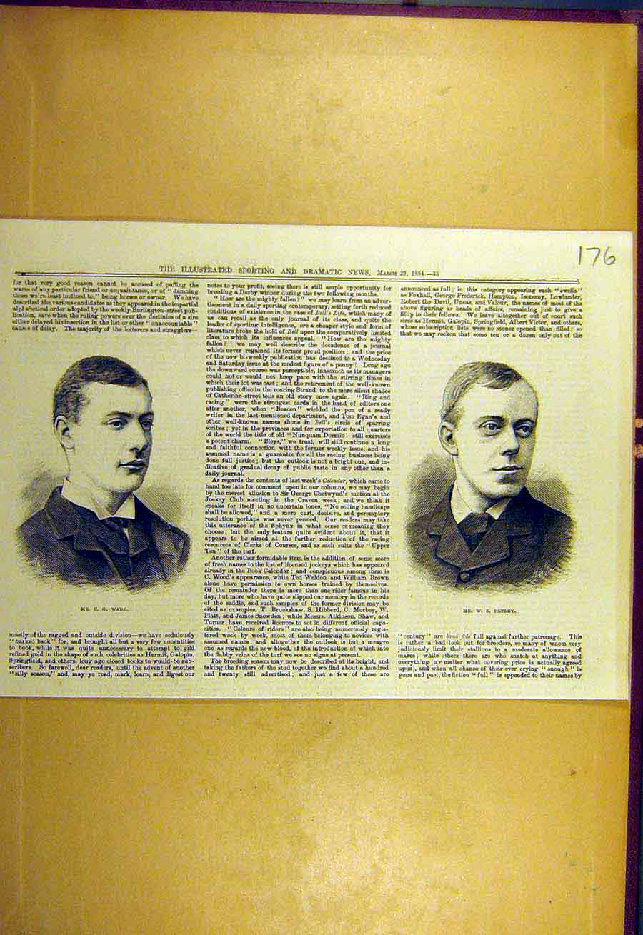 Original Old Antique Print 1884 Portrait Wade Penley Sporting Dramatic News 19th