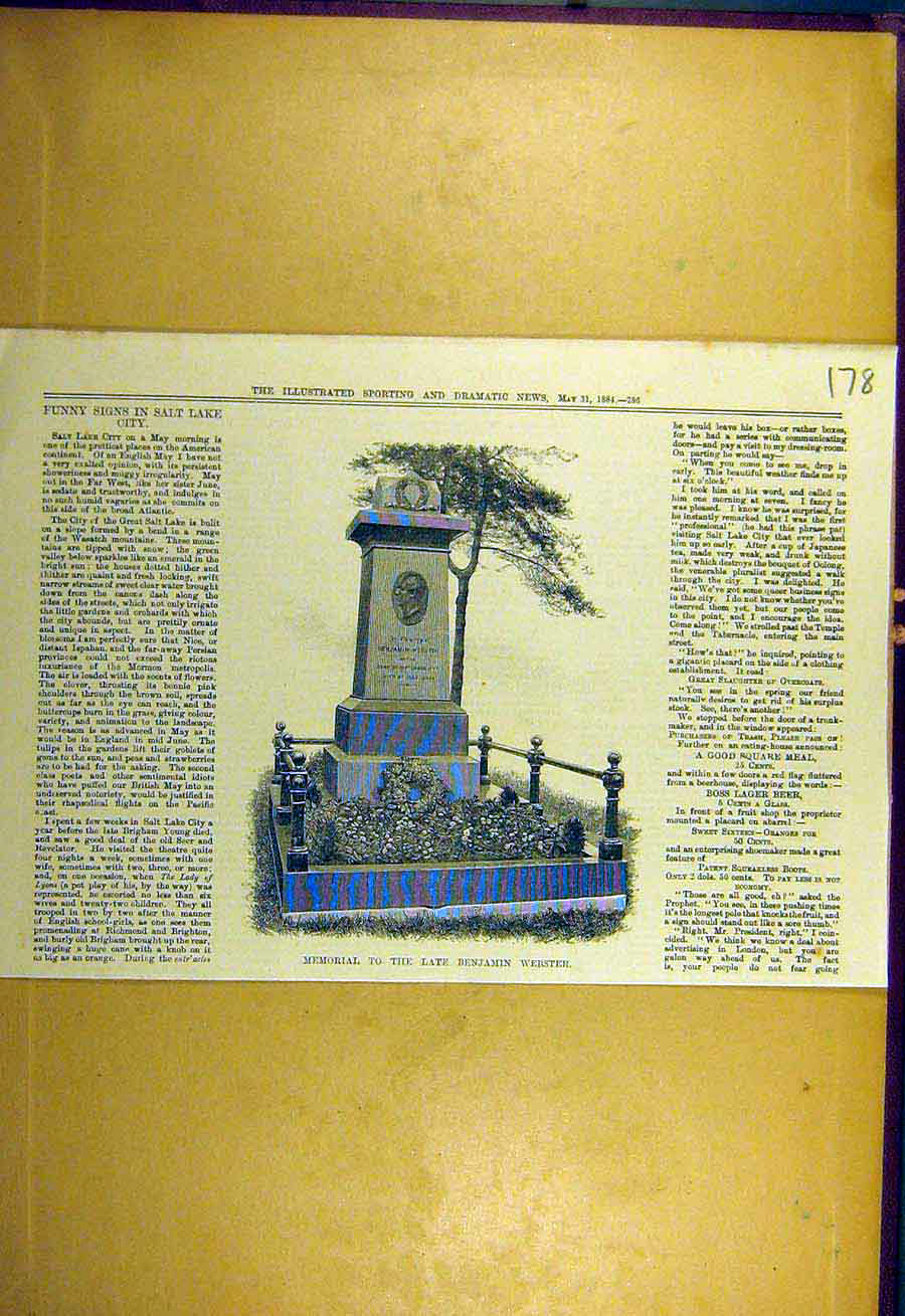 Original Old Antique Print 1884 Memorial Benjamin-Webster 19th Century