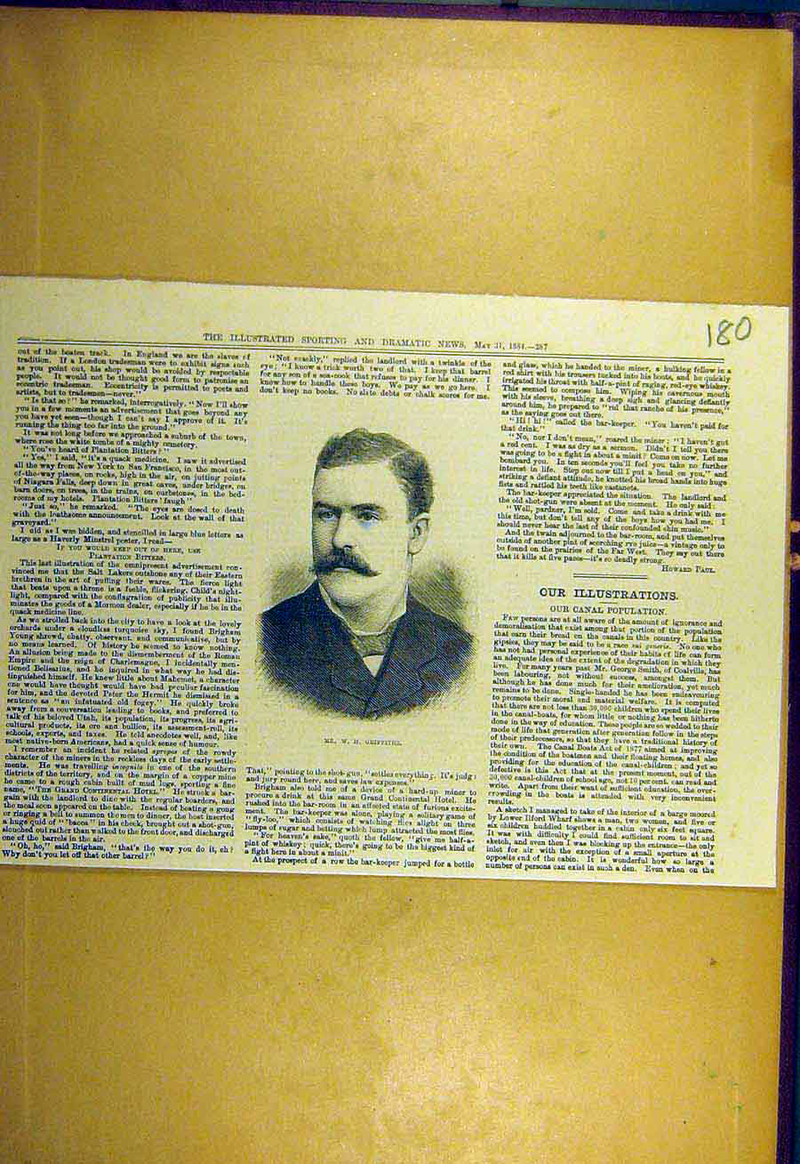 Original Old Antique Print 1884 Portrait Griffiths Sporting Dramatic News 19th