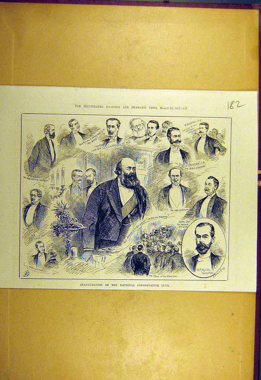 Original Old Antique Print 1887 Inauguration National Conservative Club Portrait