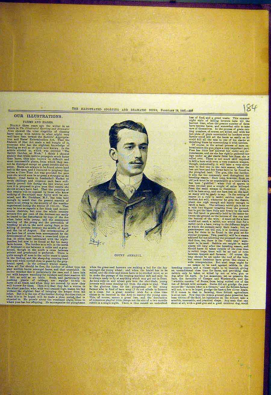 Original Old Antique Print 1887 Portrait Count-Armanci Sporting Dramatic News