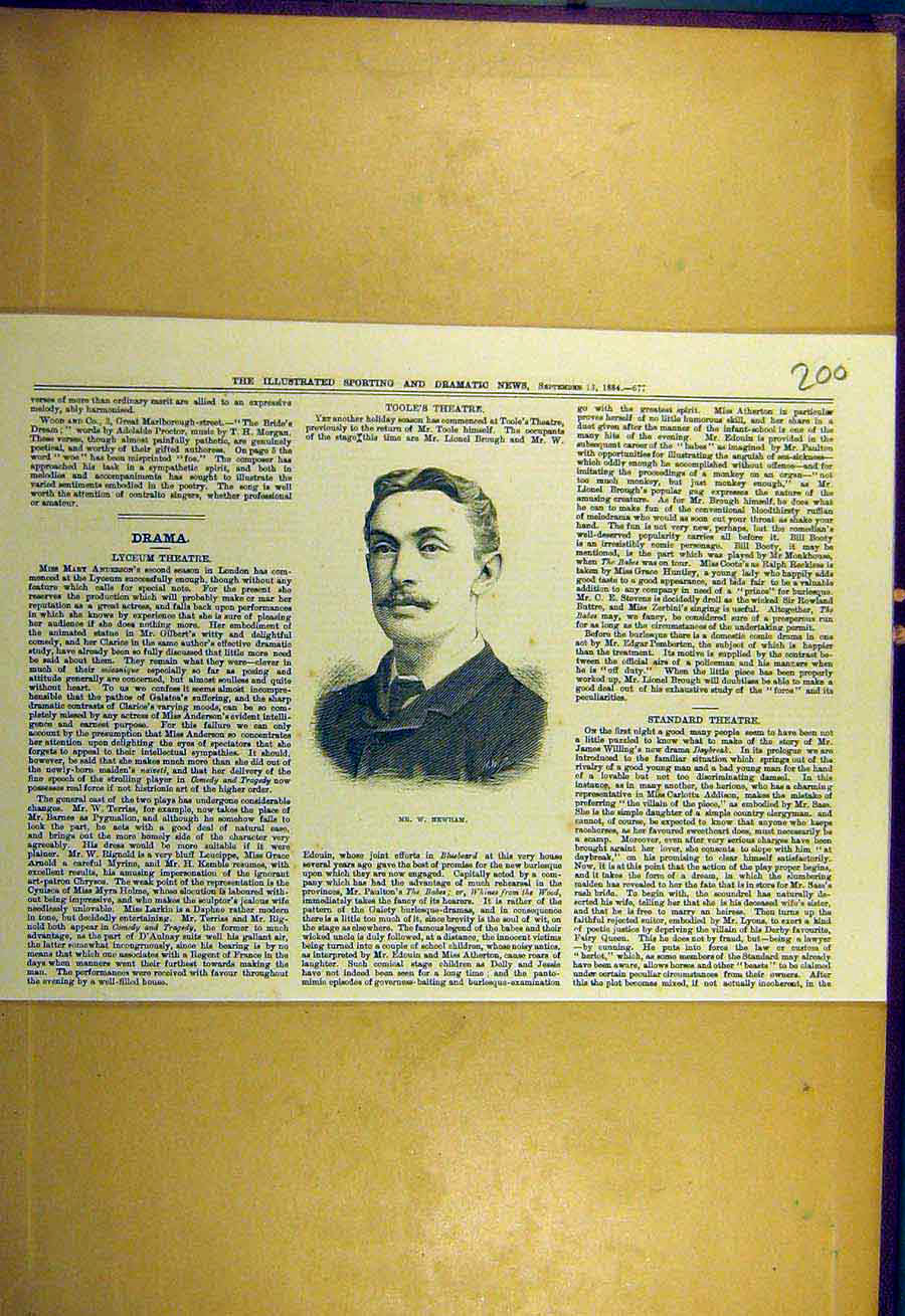 Original Old Antique Print 1884 Portrait Newham Sporting Dramatic News Victorian