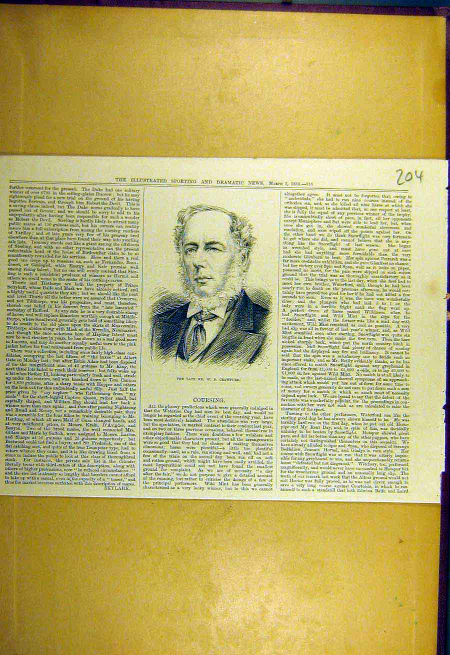 Original Old Antique Print 1883 Portrait Crawfurd Sporting Dramatic News 19th