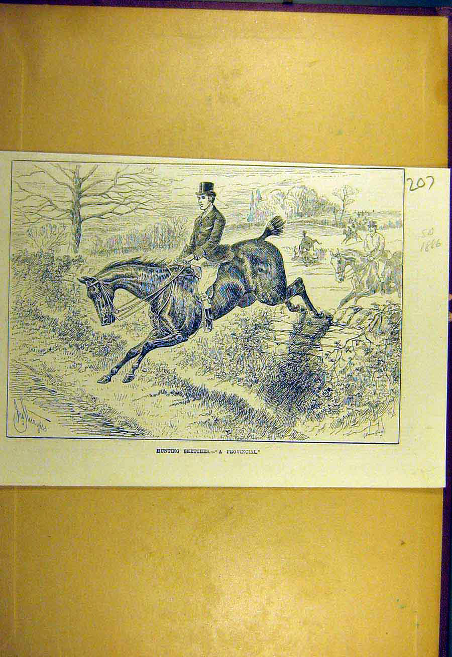 Original Old Antique Print 1886 Hunting Sketches Provincial Horse Rider 19th