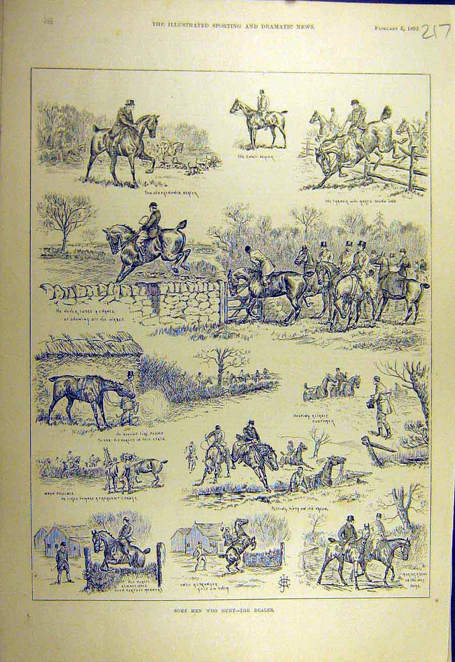 Original Old Antique Print 1892 Hunt Sketches Hunting Dealer Farmer Horse 19th