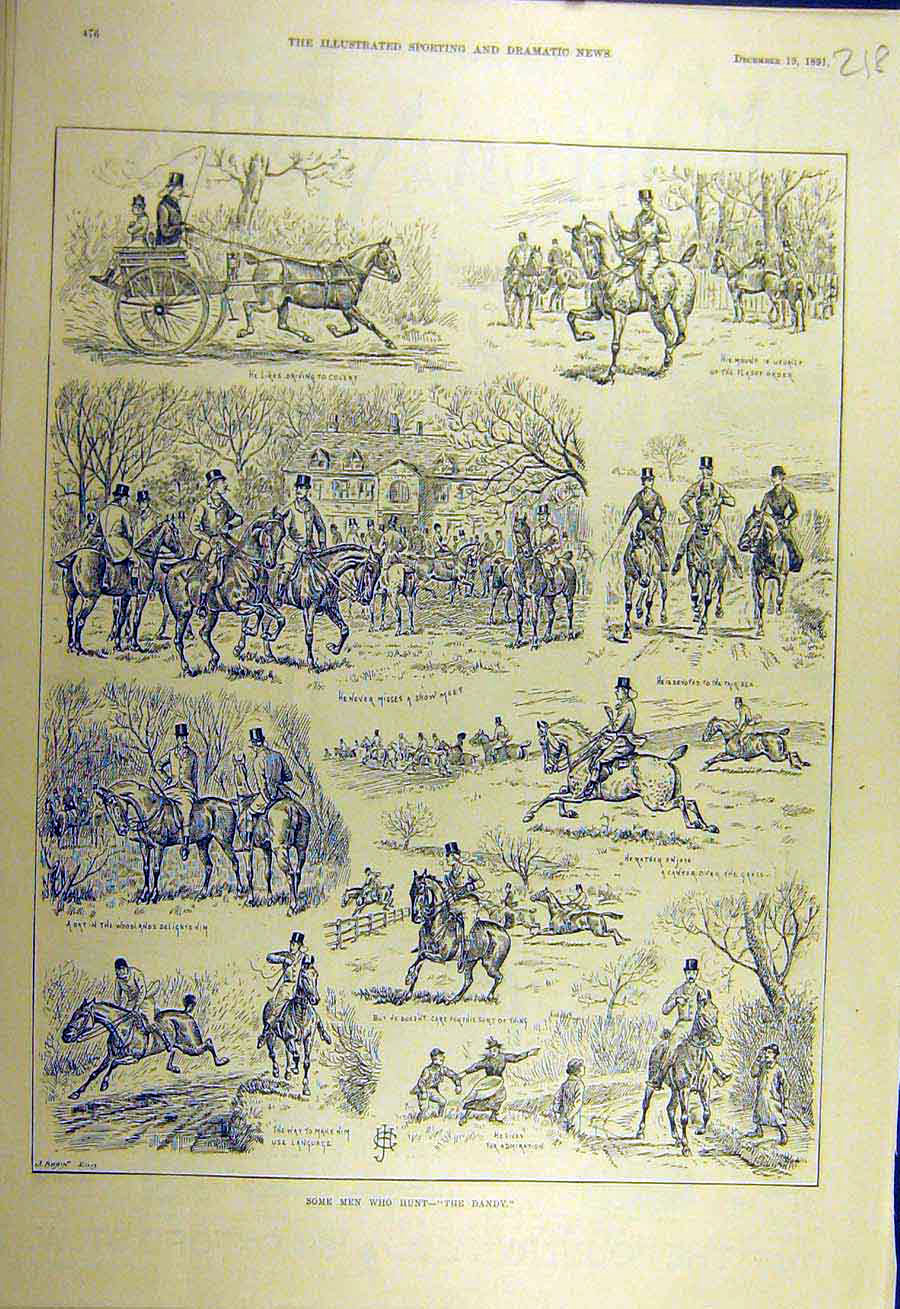 Original Old Antique Print 1891 Dandy Hunting Sketches Hunt Riders Horse 19th