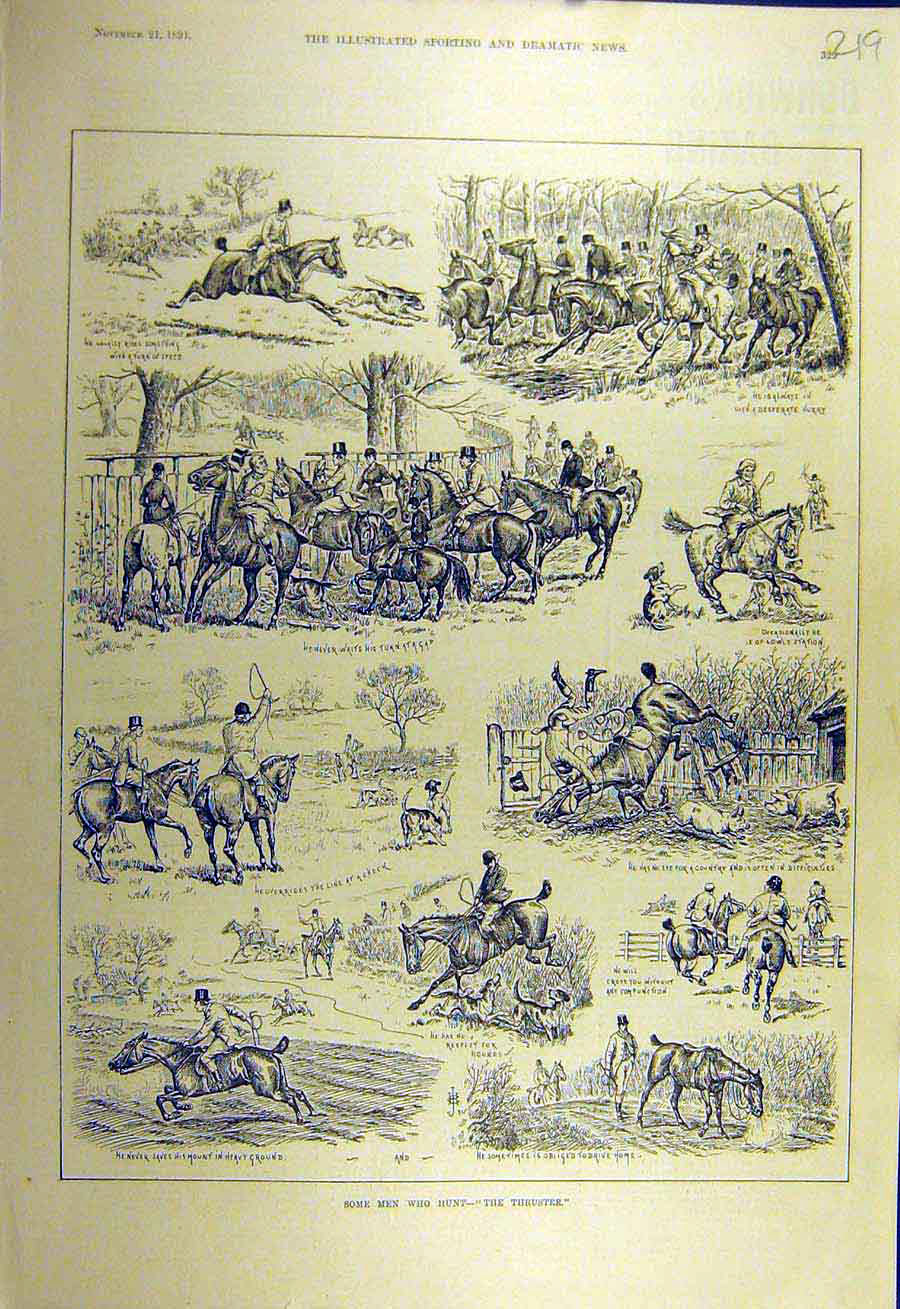 Original Old Antique Print 1891 Hunting Thruster Riders Horses Hunt Sketches
