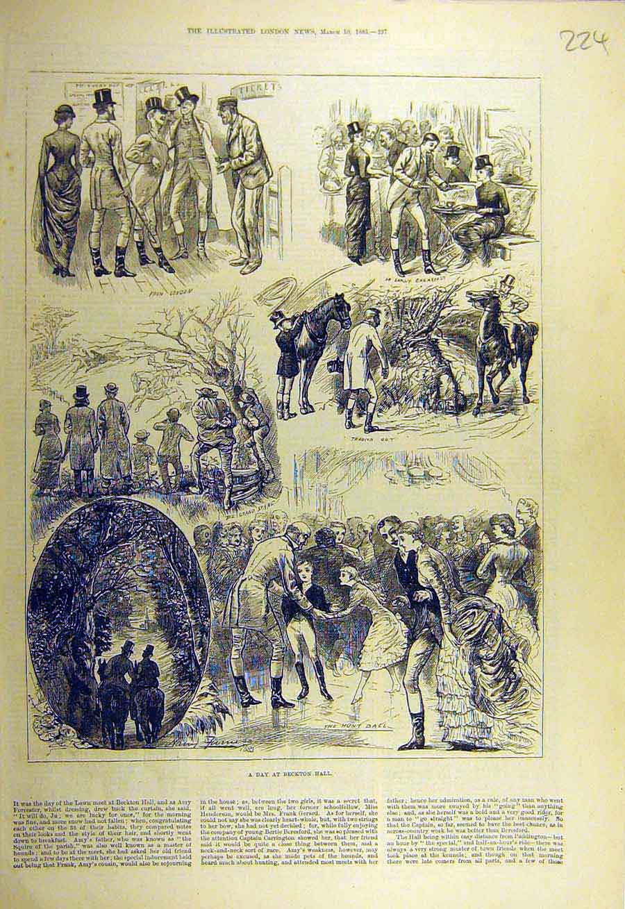 Original Old Antique Print 1883 Beckton Hall Hunt Hunting Sport Ball Breakfast