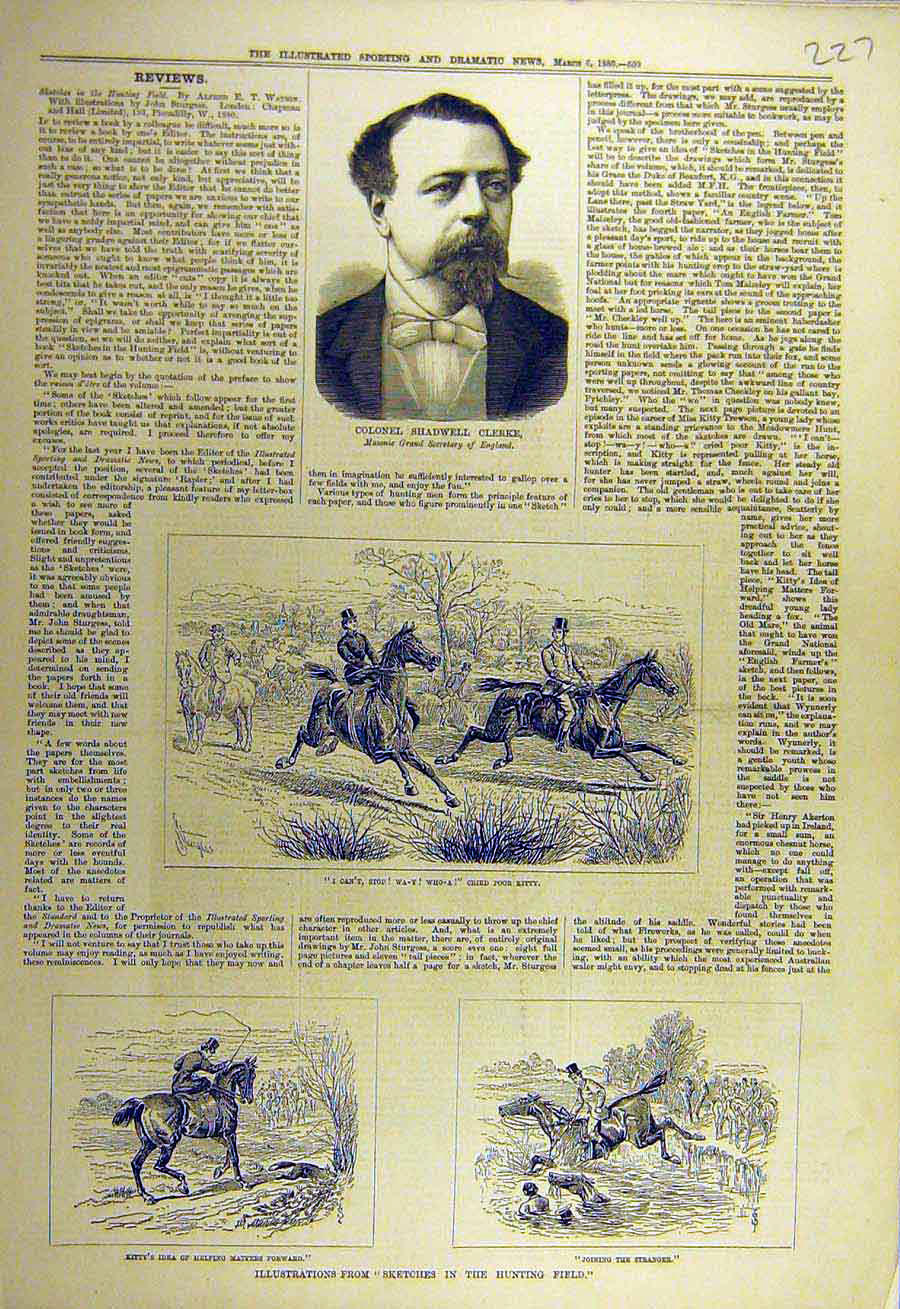 Original Old Antique Print 1880 Portrait Clerke Mason Hunting Field Sketches