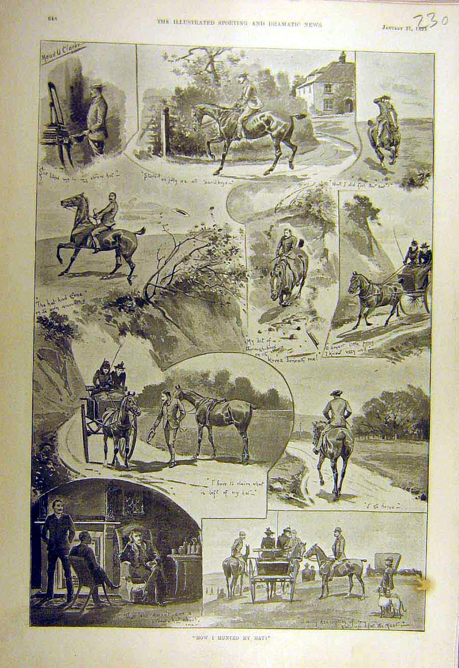 Original Old Antique Print 1893 Hunting-Hat Rider Horse Sketches Hunt Victorian