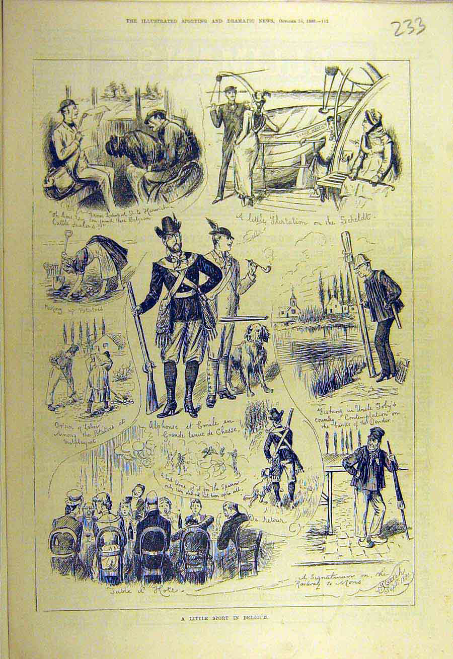 Original Old Antique Print 1880 Sport Belgium Sketches Fishing Scheldt Victorian