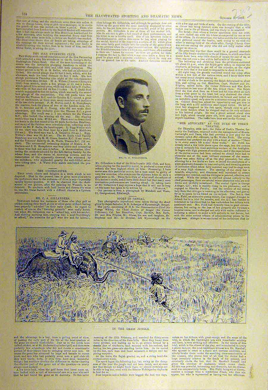 Original Old Antique Print 1895 Portrait Gillanders Grass-Jungle Hunting Bengal