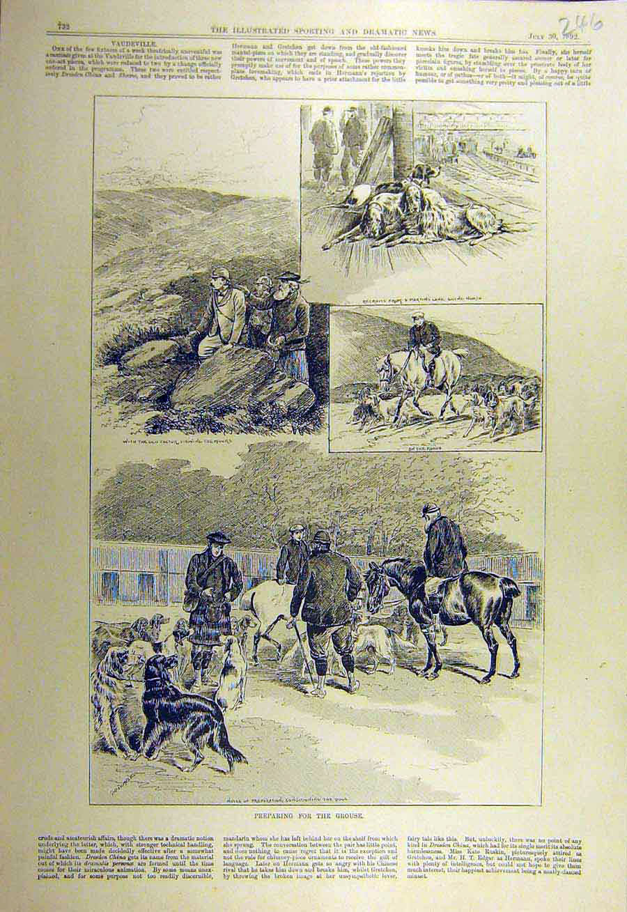 Old Antique Print 1892 Grouse Shooting Hunt Dog Rwailway Station Sketches 19th