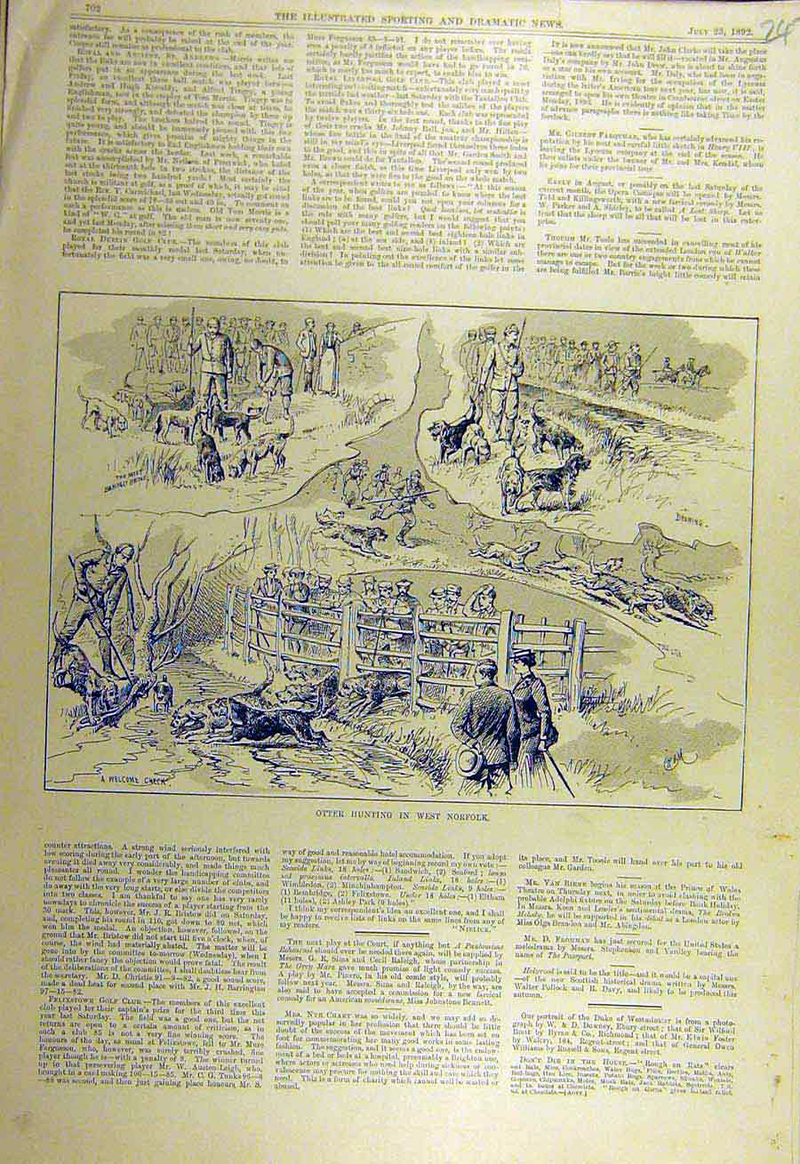 Original Old Antique Print 1892 Otter Hunting West-Norfolk Sketches Victorian