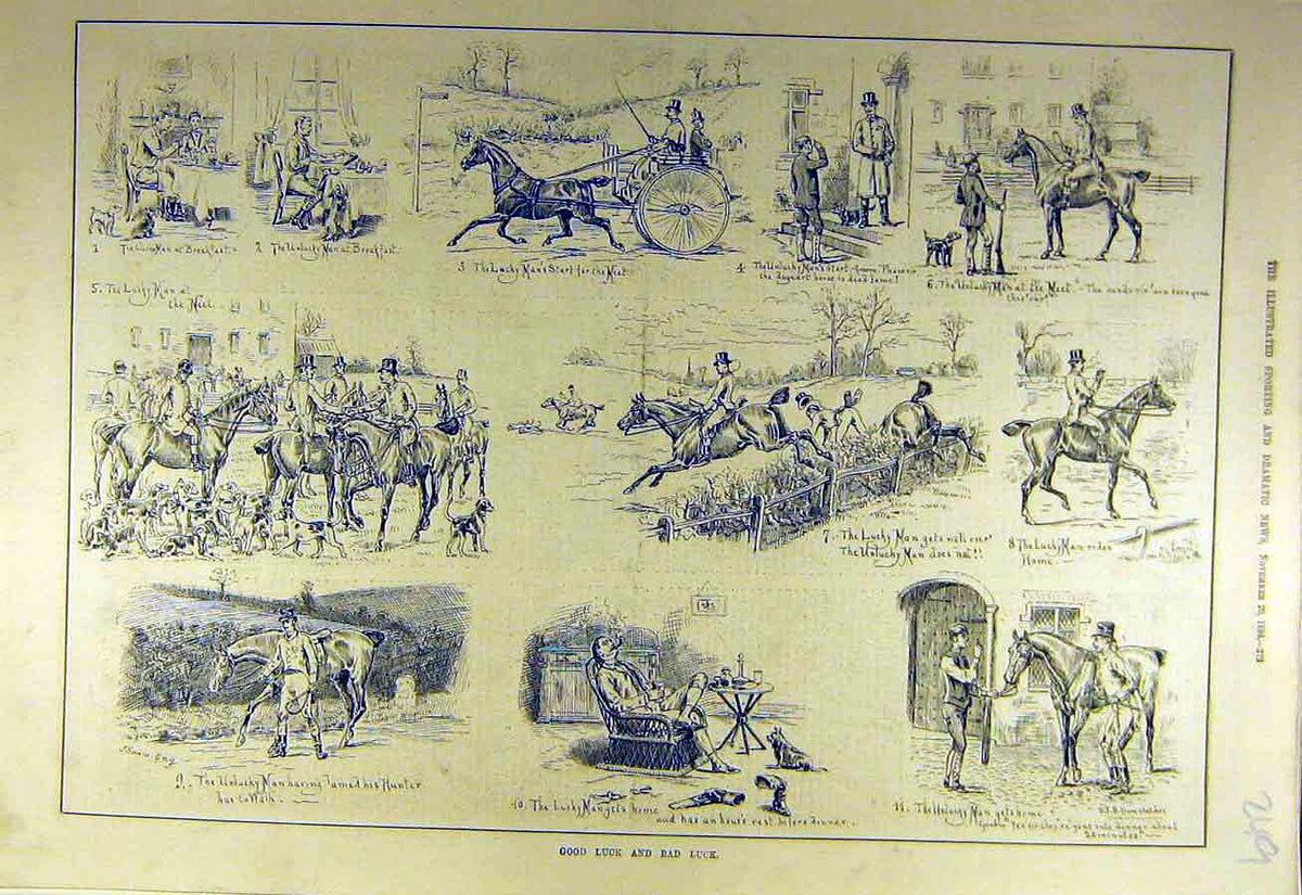 Original Old Antique Print 1886 Sketches Good-Bad Luck Sporting Sport Victorian