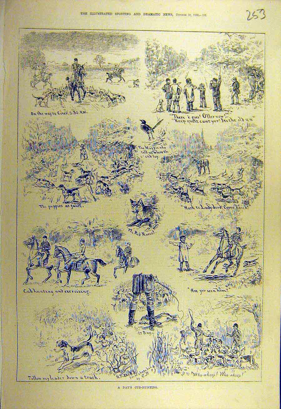Original Old Antique Print 1880 Sketches Cub-Hunting Hounds Dadd Hunt Sport 19th