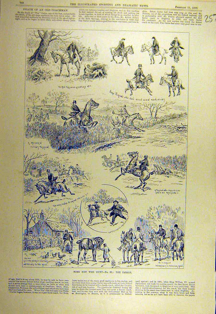 Original Old Antique Print 1893 Hunting Parson Hunt Rider Horse Sketches 19th