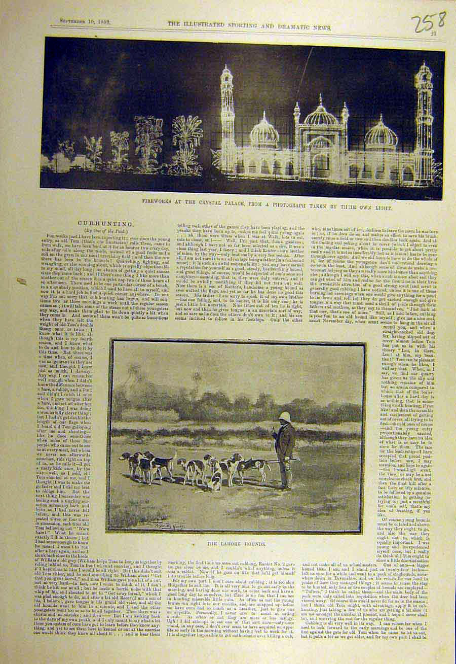 Original Old Antique Print 1892 Fireworks Crystal Palace Lahore Hounds Hunting