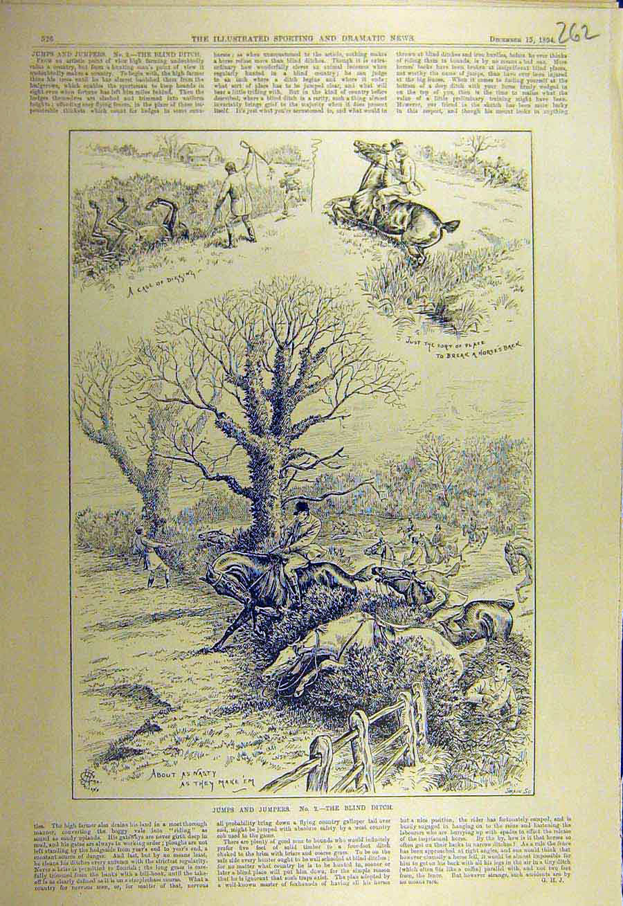 Original Old Antique Print 1894 Jumps Jumpers Hunting Hunt Horses Riders Ditch