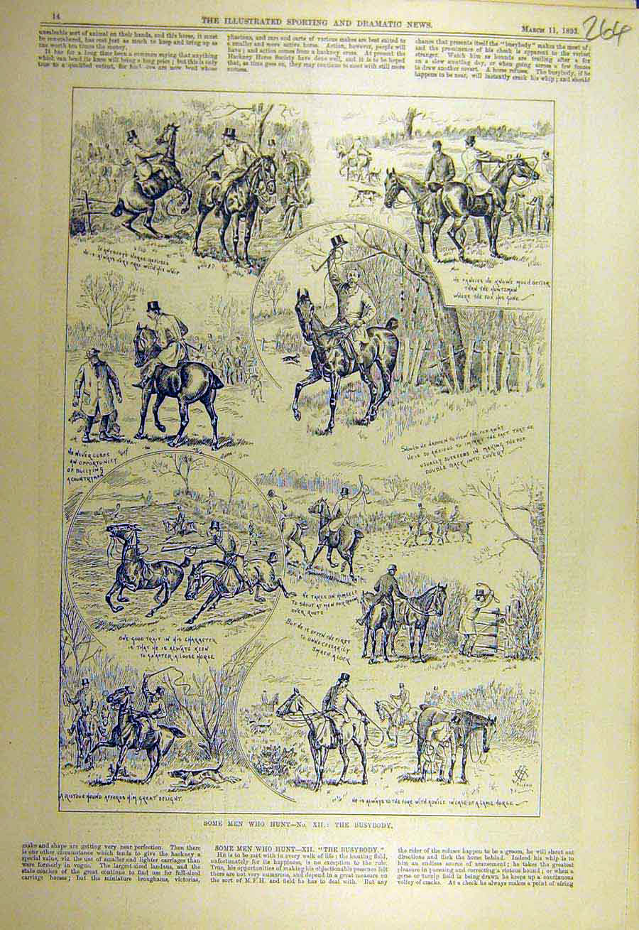 Original Old Antique Print 1893 Busy-Body Hunting Hunt Horse Rides Sketches 19th