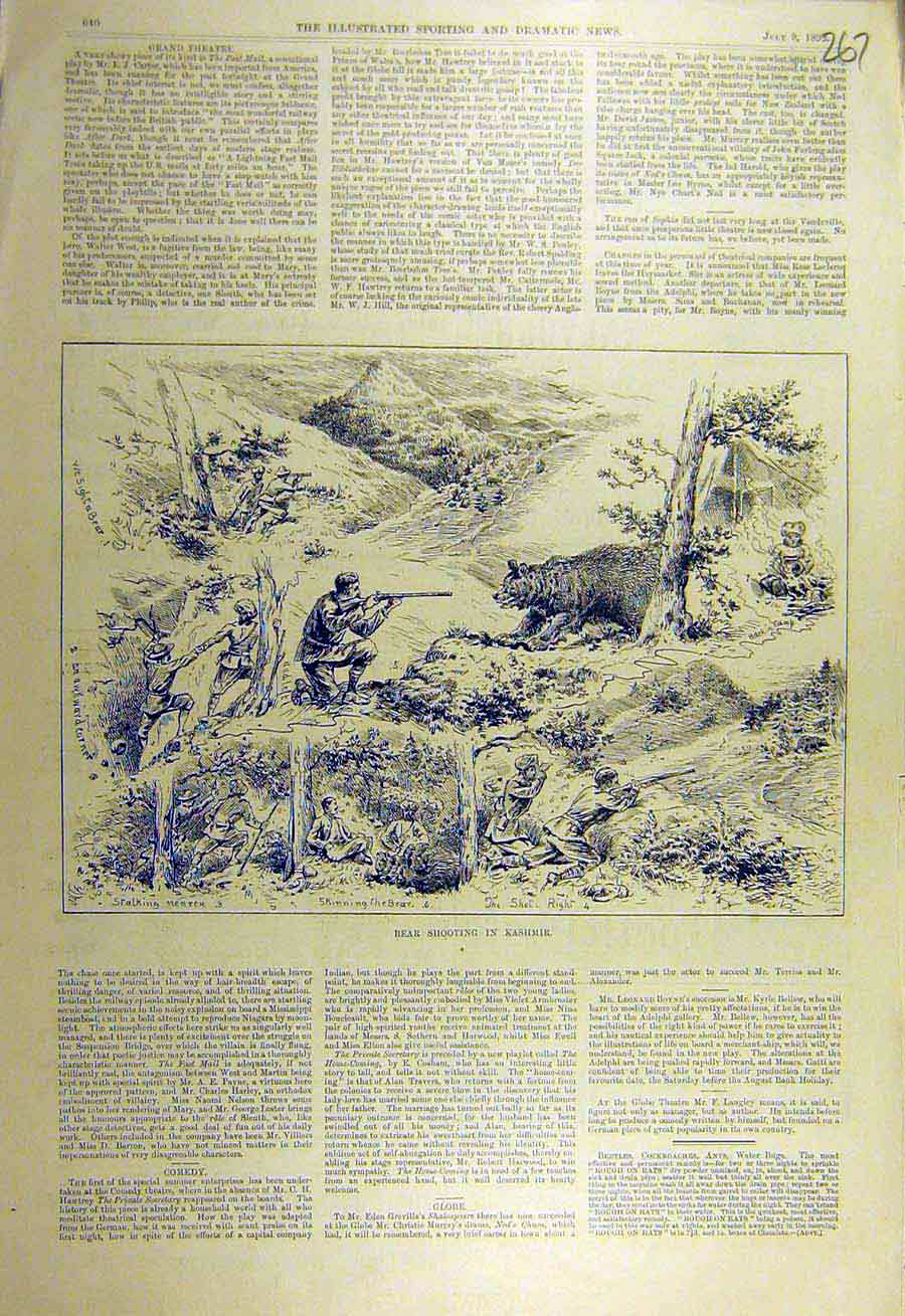 Original Old Antique Print 1892 Bear Shooting Kashmir Hunting Sport Victorian