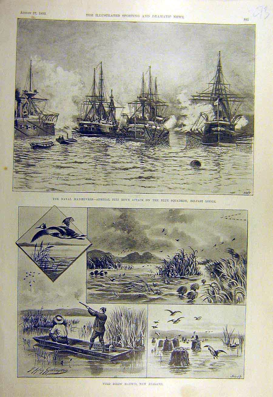 Original Old Antique Print 1892 Naval Fitz Blue-Squadron Belfast Bird Shooting