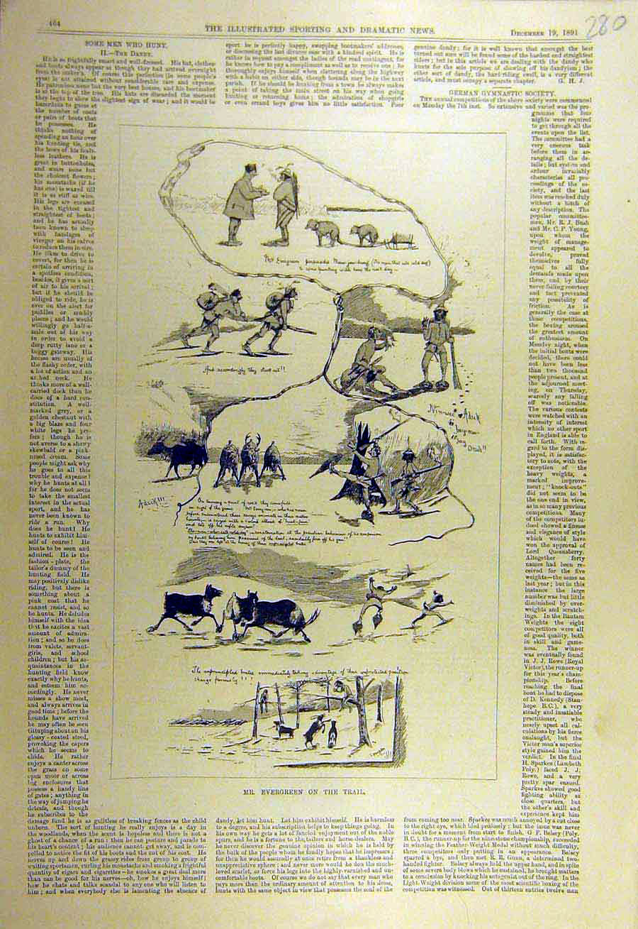 Original Old Antique Print 1891 Evergreen Trail Deer-Stalking Hunting Sport 19th