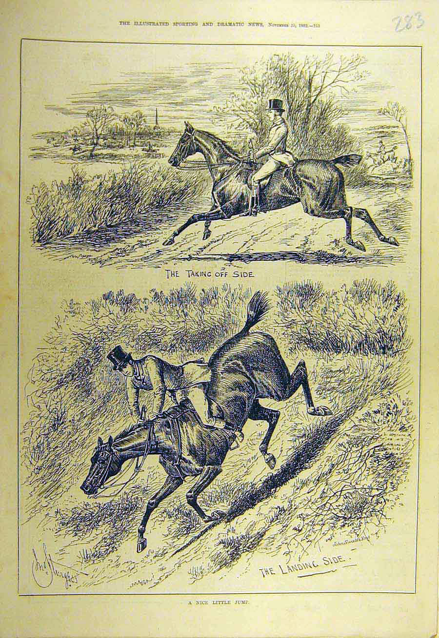 Original Old Antique Print 1882 Horse-Jumping Jump Rider Sketch Riding Victorian