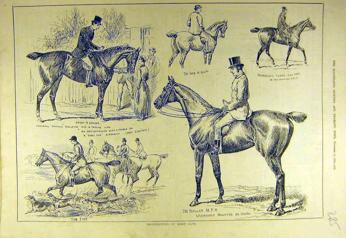 Original Old Antique Print 1882 Kirby Gate Hounds Hunt Hunter Horse Sketch Sport