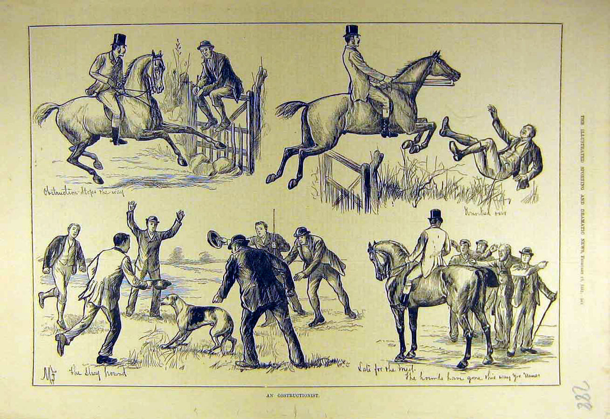Original Old Antique Print 1881 Obstructionist Horse Rider Hunter Hunt Hound
