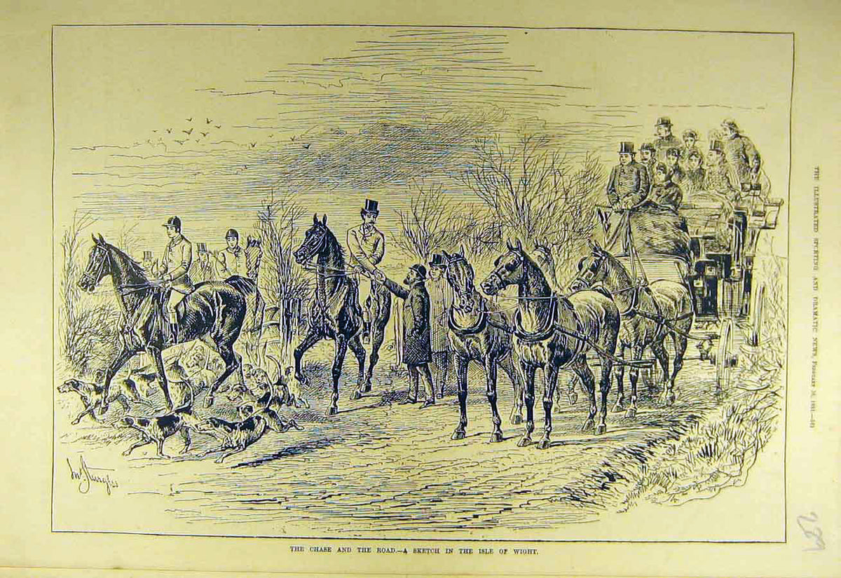Original Old Antique Print 1881 Chase Hunt Sport Sketch Isle Wight Hounds Horses
