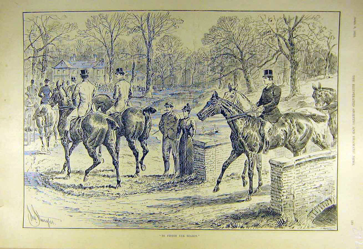 Original Old Antique Print 1893 Hunt Season Hunters Hunting Horses Riders Sketch