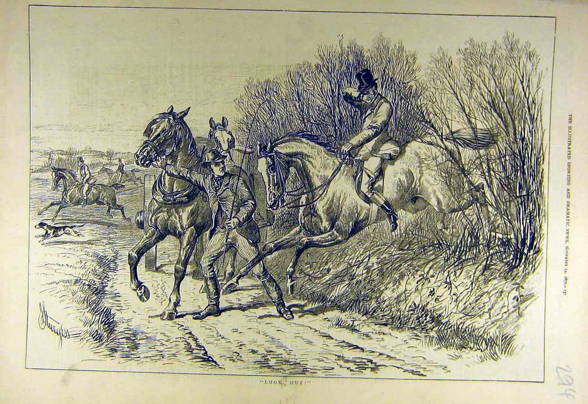 Original Old Antique Print 18777 Hunting Sport Horse Man Jump Hedge Hunt 19th
