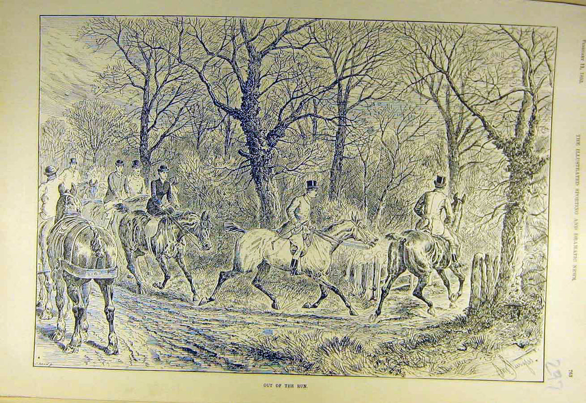 Original Old Antique Print 1893 Hunting Out-Of-Run Horses Riders Hunt Forest