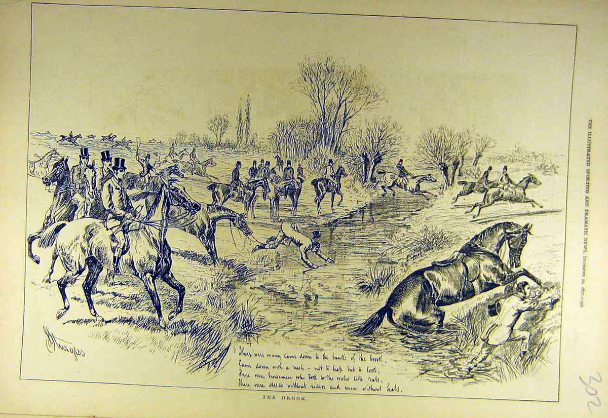 Old Antique Print 1877 Hunt Ditch River Horse Riders Jump Hunters Sketch 19th
