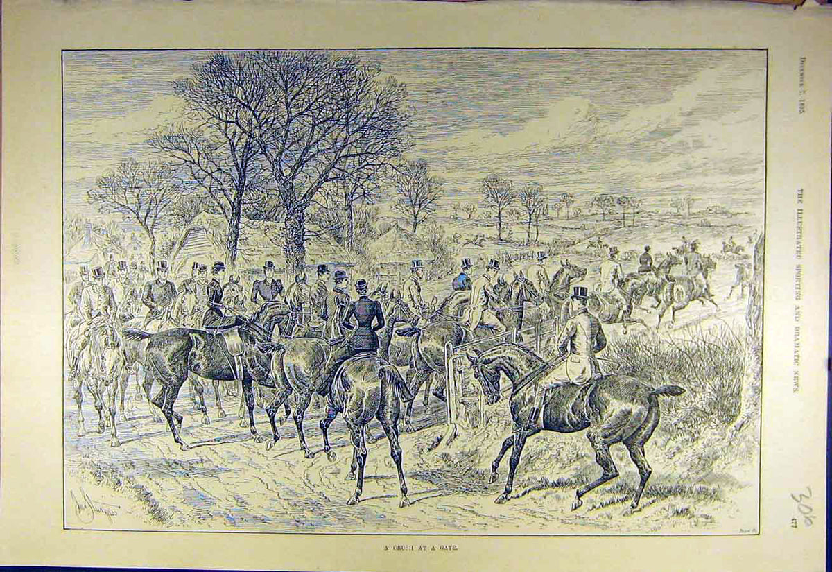 Original Old Antique Print 1895 Hunting Crush Riders Meet Hunt Horses Sketch
