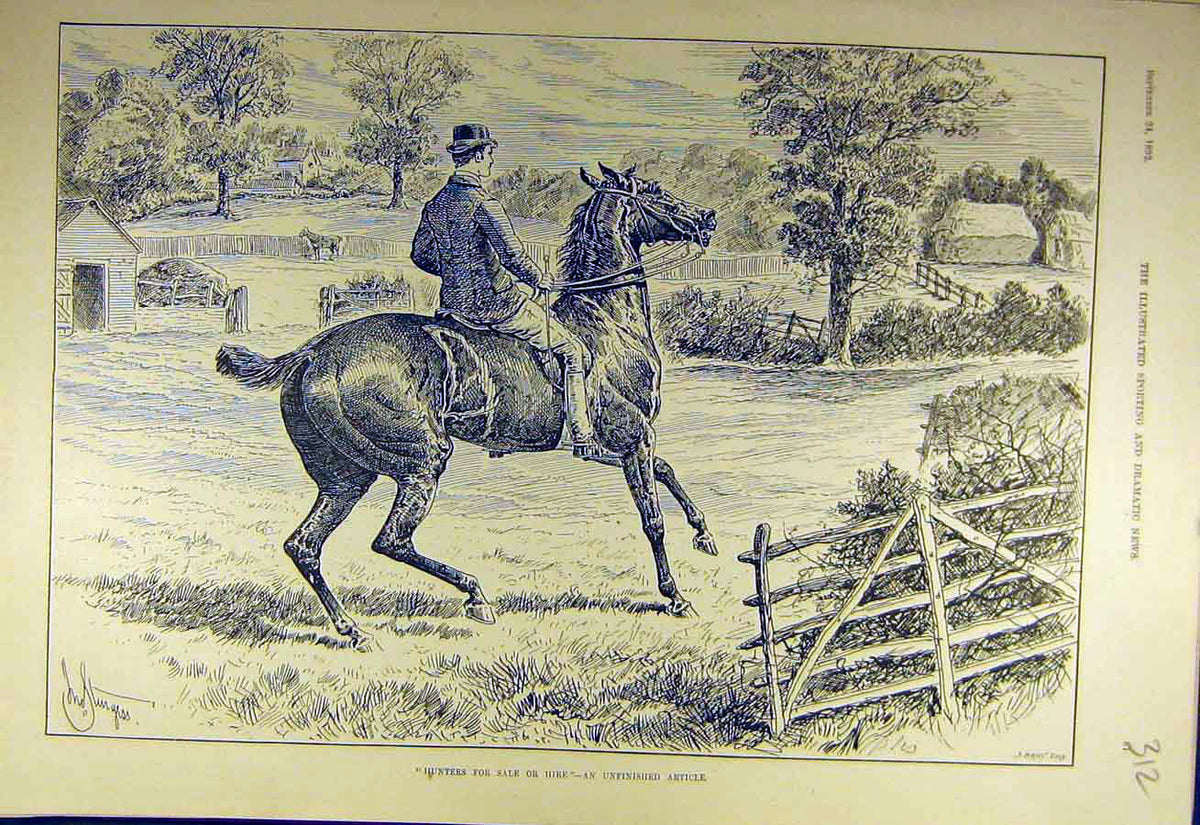 Original Old Antique Print 1892 Hunters Sale-Hire Horse Rider Hunt Sketch 19th