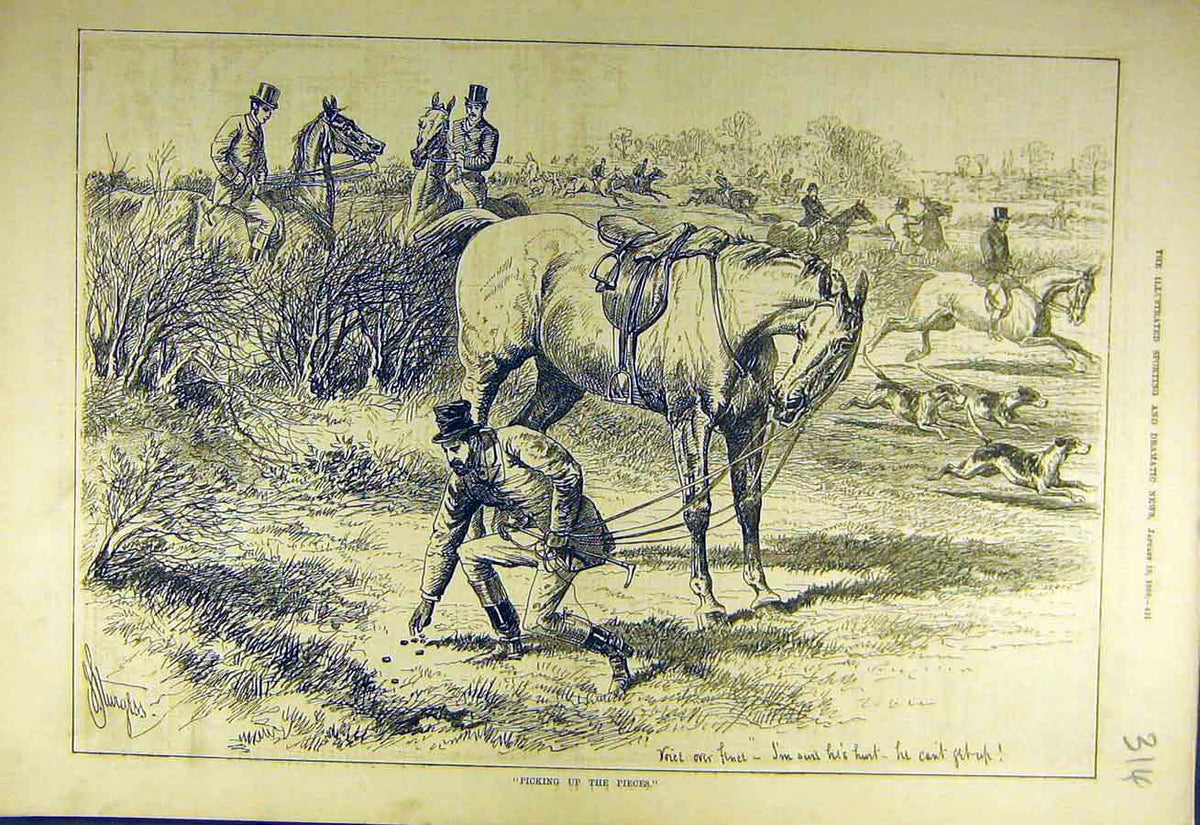 Old Antique Print 1880 Picking-Up-Pieces Hunters Hunt Hounds Horse Rider 19th